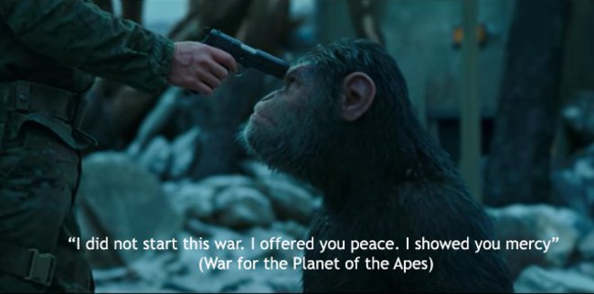 «Δεν ξεκίνησα τον πόλεμο. Σας πρόσφερα ειρήνη. Σας έδειξα έλεος». «Ο Πλανήτης των Πιθήκων: Η σύγκρουση» (War for the Planet of the Apes) του Ματ Ριβς